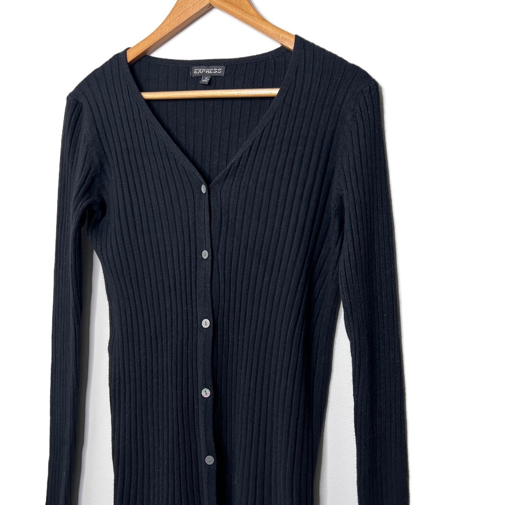 EXPRESS Black Ribbed V Neck Button Up Long Sleeve Cardigan Sweater Womens M - Picture 2 of 16